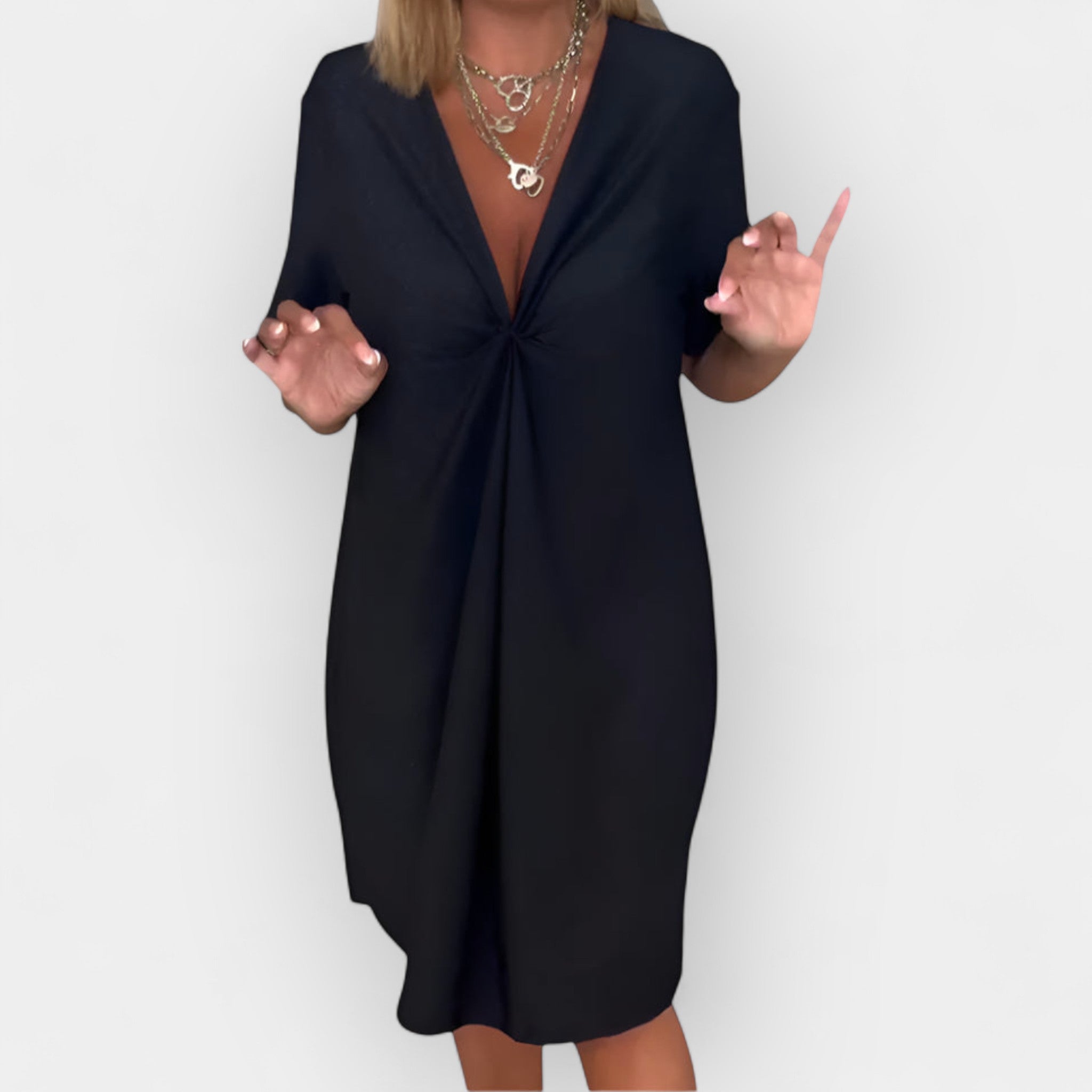 Κομψό φόρεμα με στρίφωμα και V ντεκολτέ